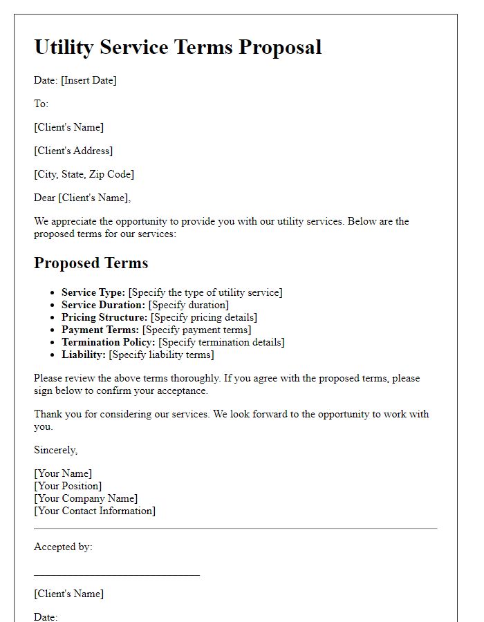 Letter template of utility service terms proposal.