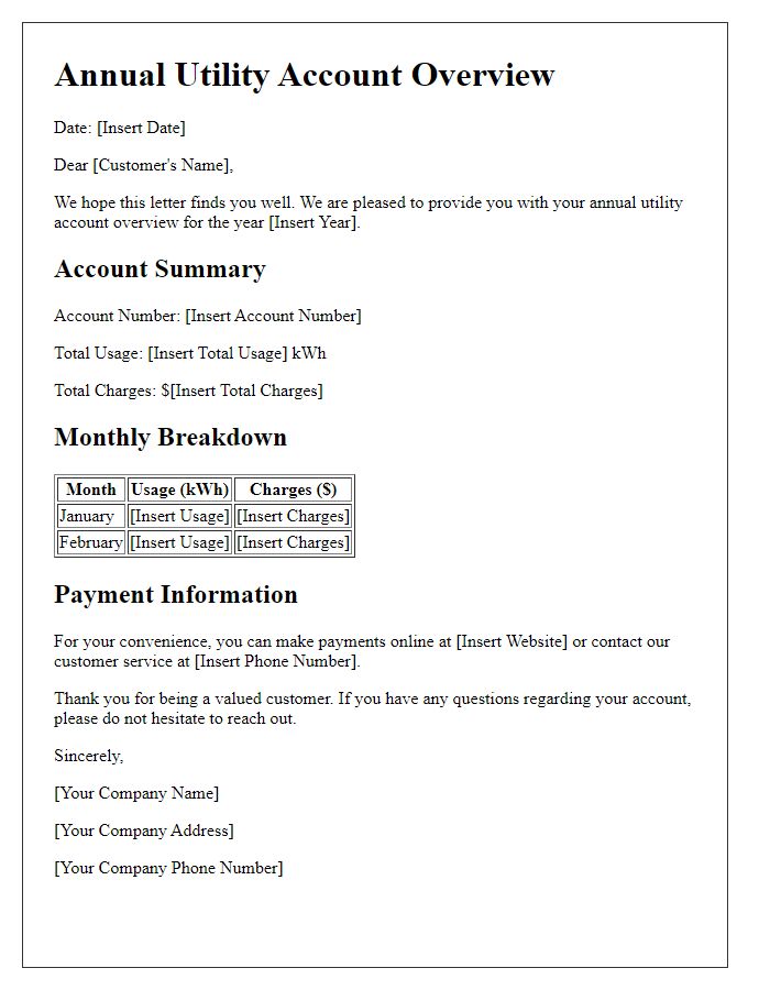 Letter template of annual utility account overview