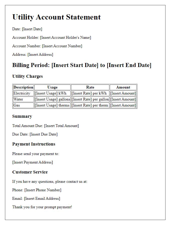 Letter template of detailed utility account statement