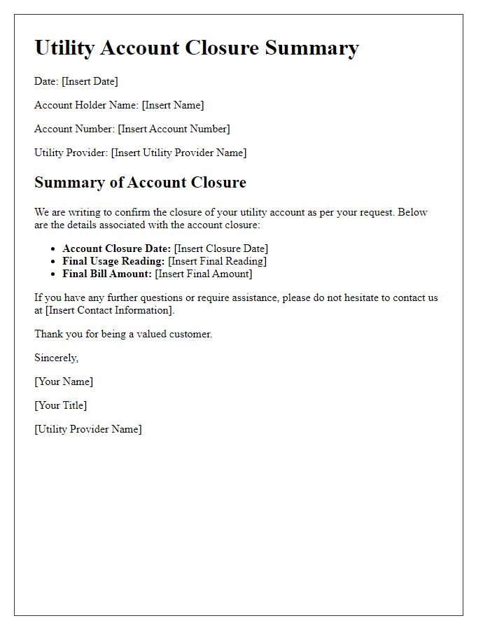 Letter template of utility account closure summary