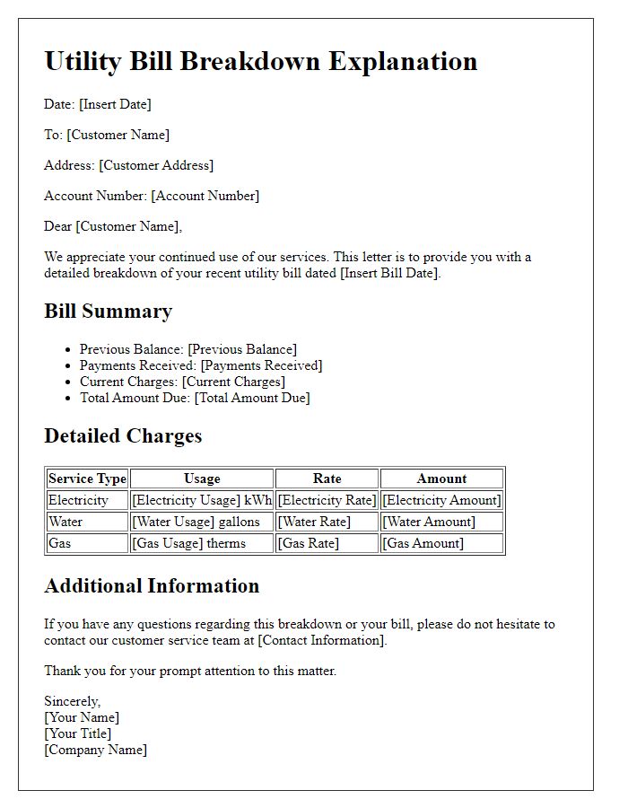 Letter template of utility bill breakdown explanation