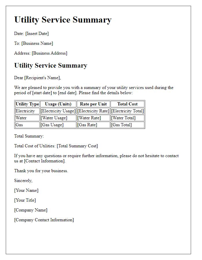 Letter template of utility service summary for business