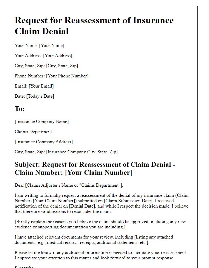 Letter template of insurance claim denial reassessment request