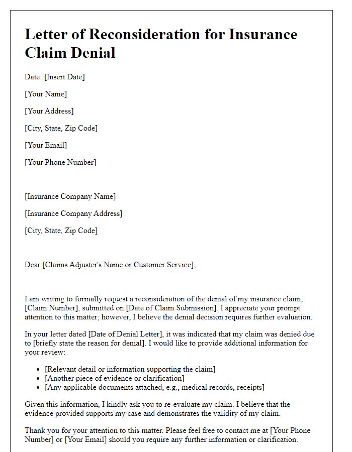 Letter template of insurance claim denial reconsideration