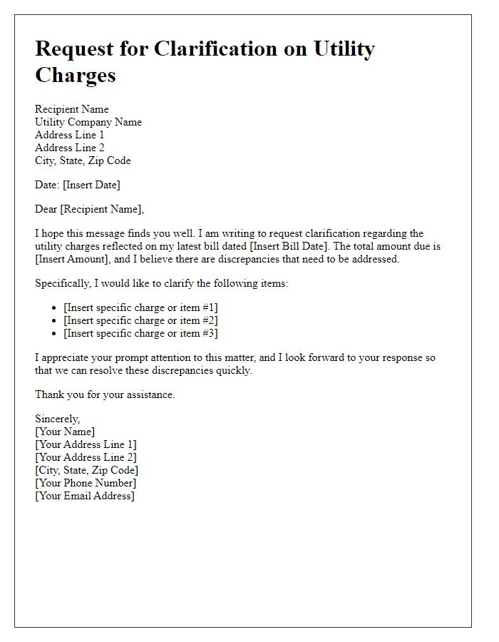 Letter template of Clarification Request for Utility Charges