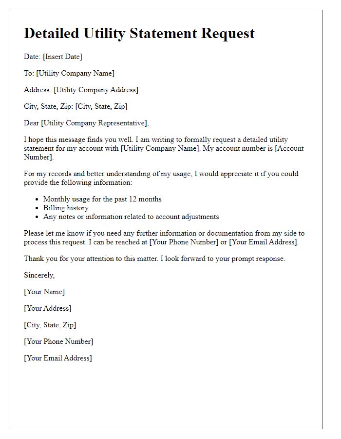 Letter template of Detailed Utility Statement Request