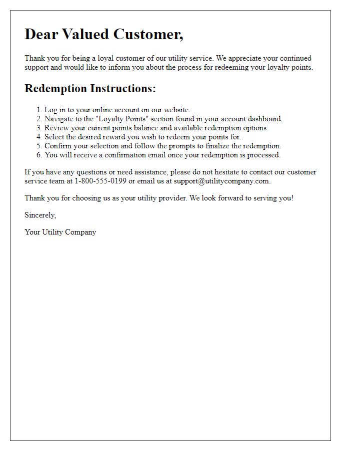 Letter template of utility customer loyalty points redemption instructions