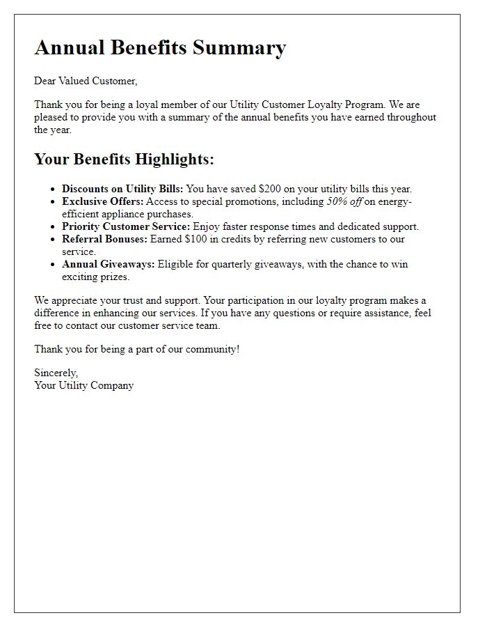 Letter template of utility customer loyalty program annual benefits summary