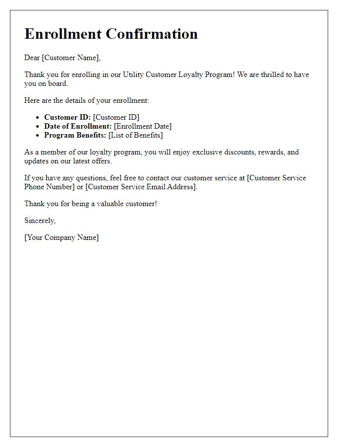 Letter template of utility customer loyalty program enrollment confirmation