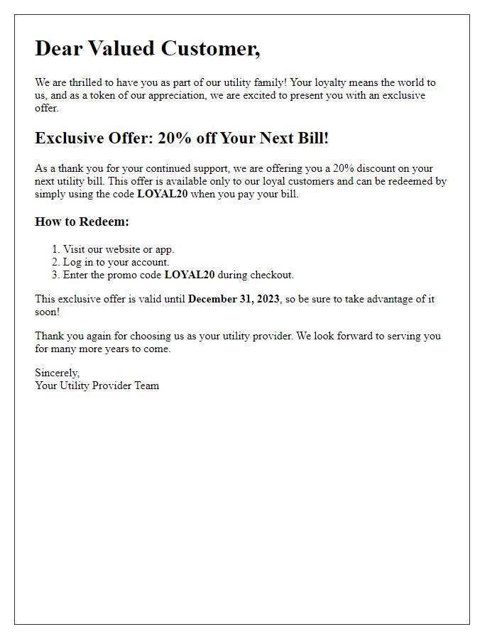 Letter template of utility customer loyalty program exclusive offer