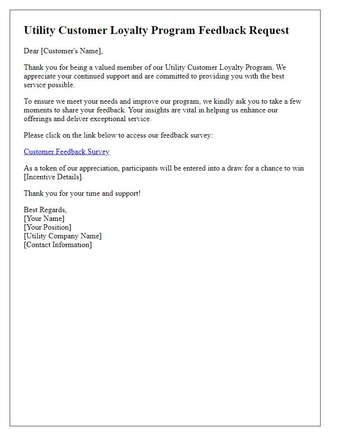 Letter template of utility customer loyalty program feedback request