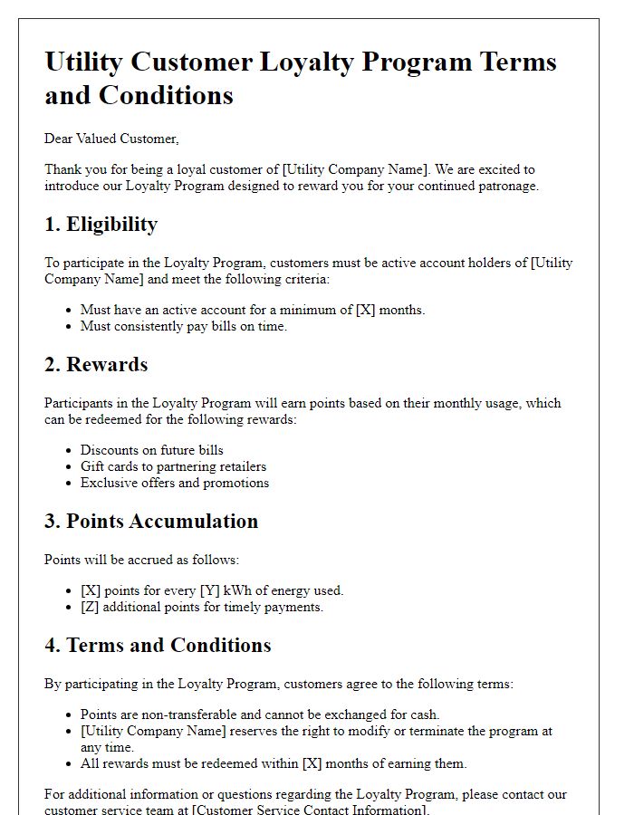 Letter template of utility customer loyalty program terms and conditions