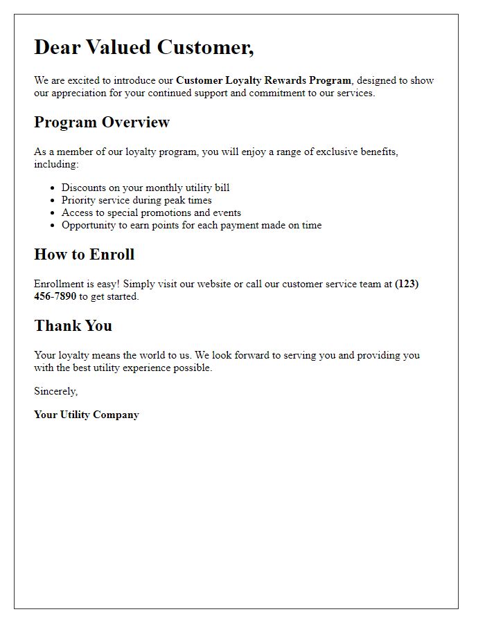 Letter template of utility customer loyalty rewards overview