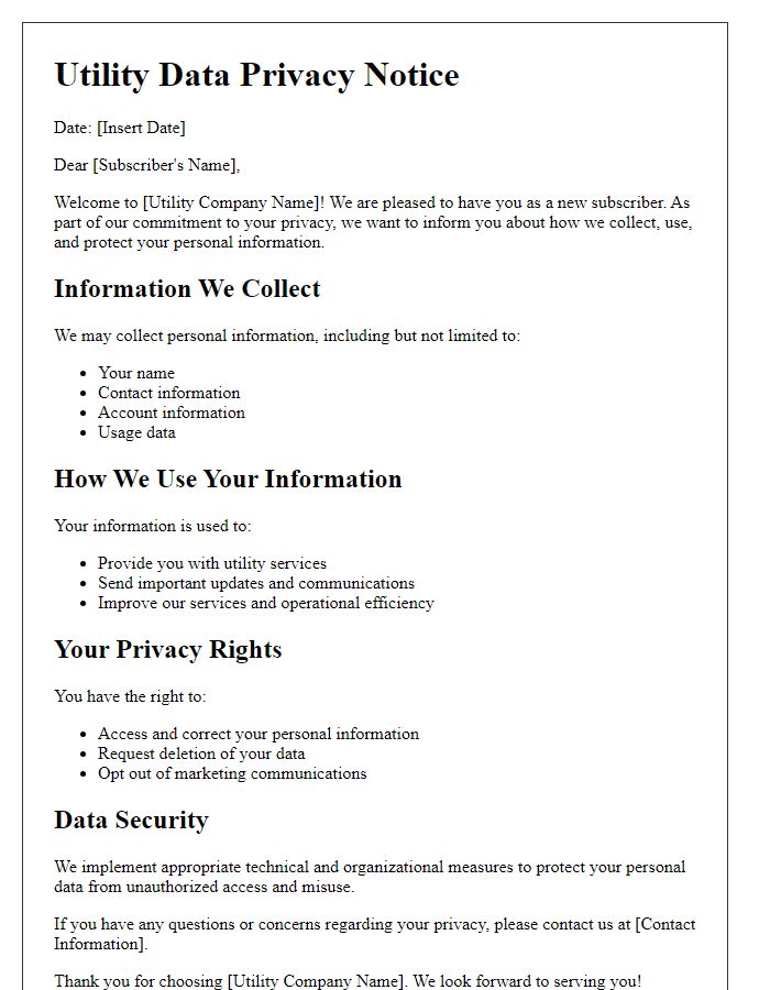 Letter template of Utility Data Privacy Notice for New Subscribers