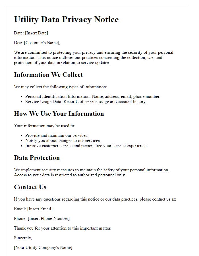 Letter template of Utility Data Privacy Notice for Service Updates