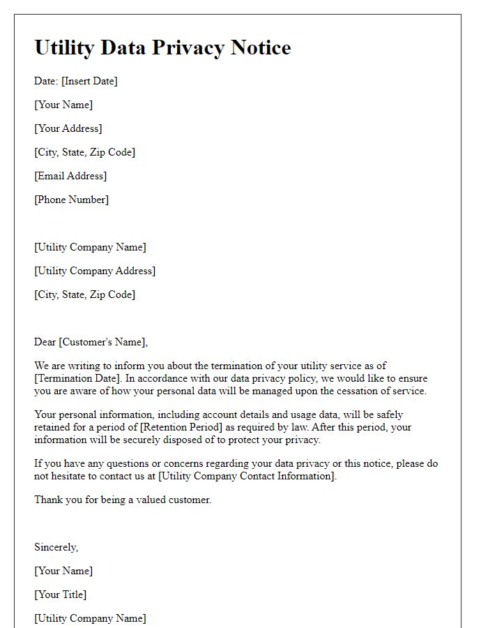 Letter template of Utility Data Privacy Notice for Termination of Service