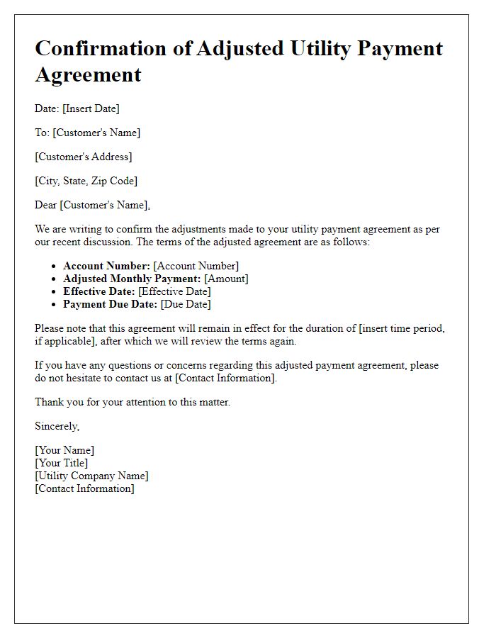 Letter template of confirmation for adjusted utility payment agreement