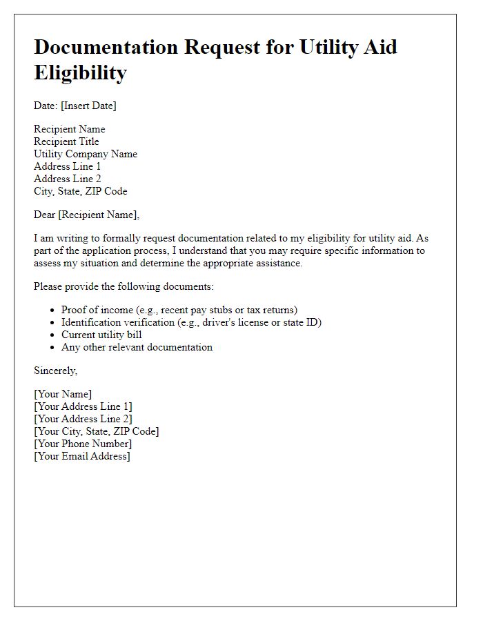 Letter template of documentation request for utility aid eligibility