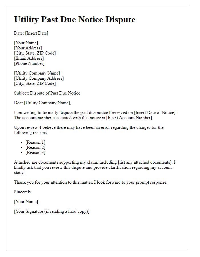 Letter template of Utility Past Due Notice Dispute