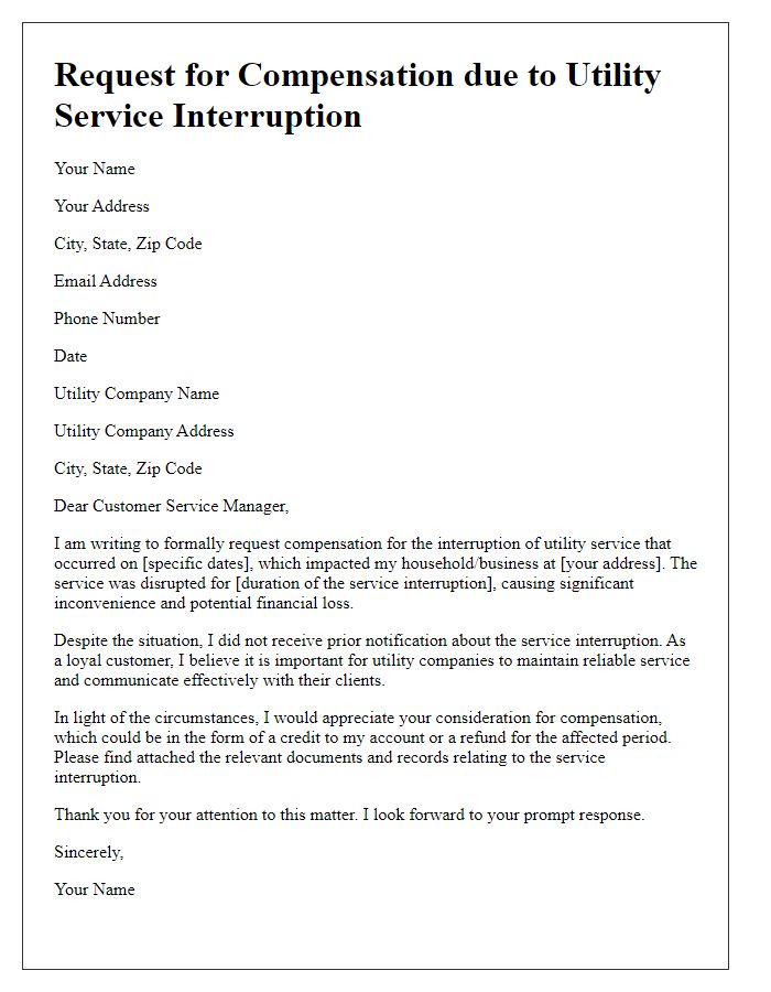 Letter template of compensation request for utility service interruption