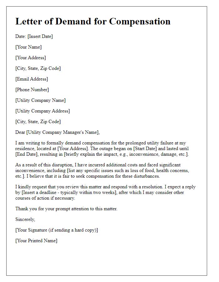 Letter template of demand for compensation regarding prolonged utility failure