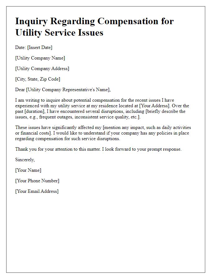 Letter template of inquiry about compensation for utility service issues