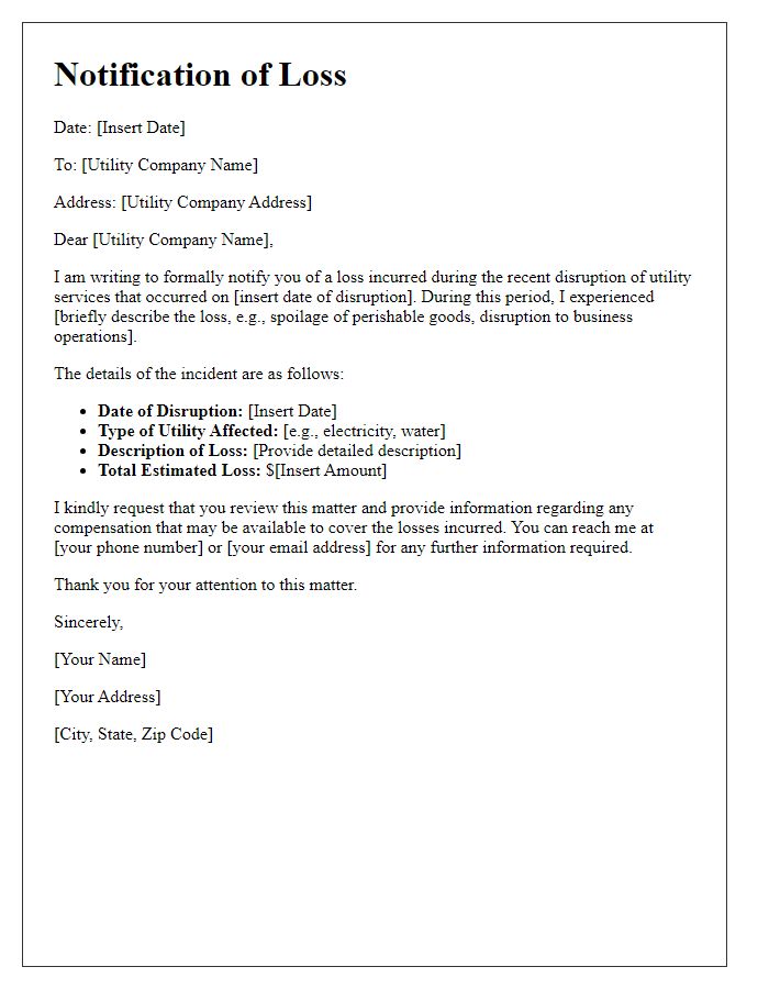 Letter template of notification of loss during utility disruption