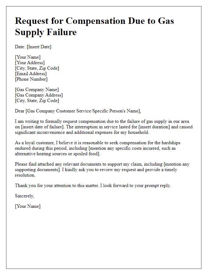 Letter template of request for compensation due to gas supply failure