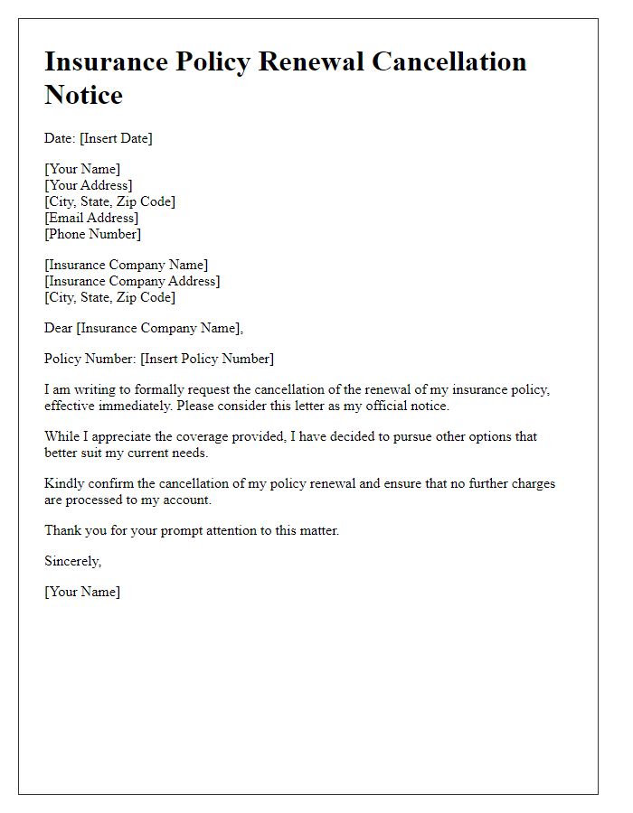 Letter template of insurance policy renewal cancellation notice