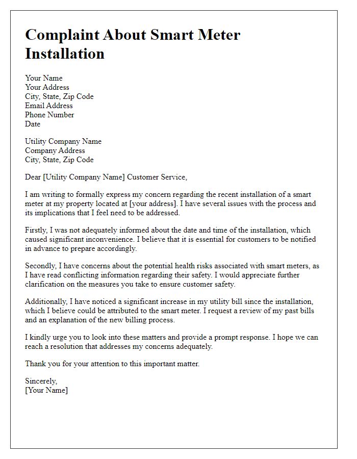 Letter template of complaint about utility smart meter installation