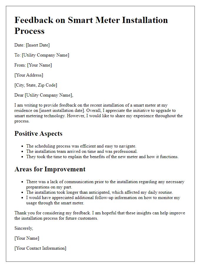 Letter template of feedback on utility smart meter installation process