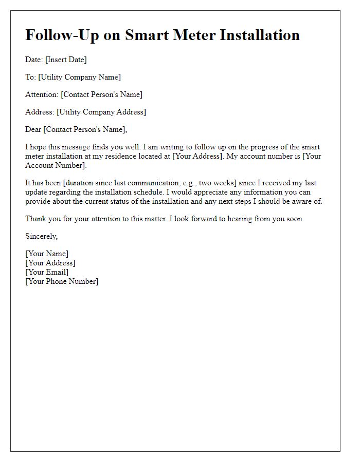 Letter template of follow-up for utility smart meter installation progress