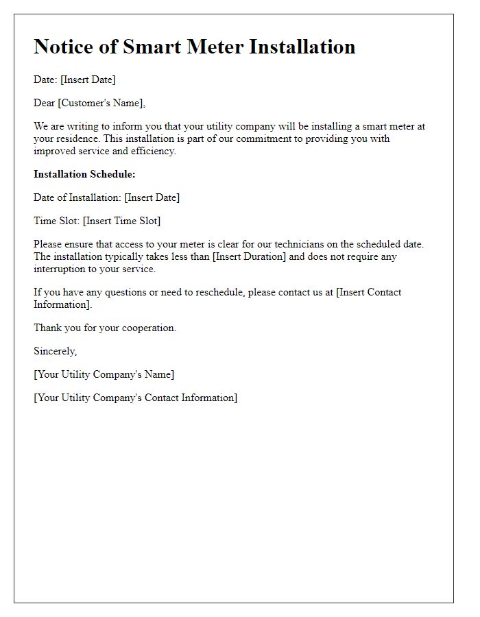 Letter template of notification for utility smart meter installation schedule