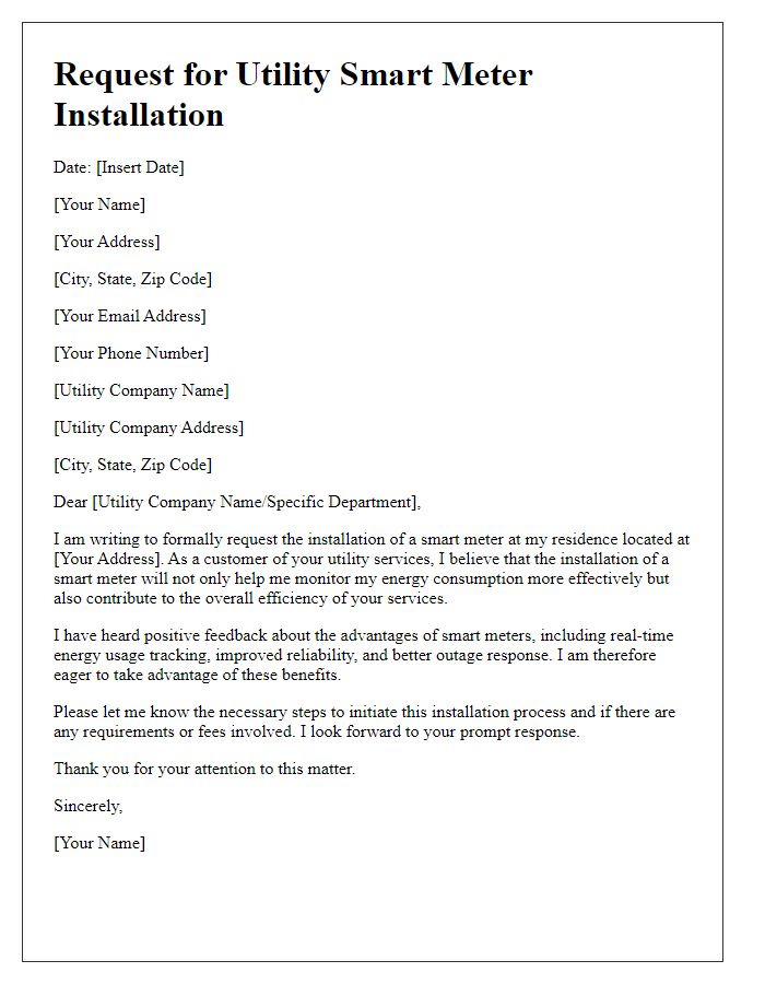 Letter template of request for utility smart meter installation