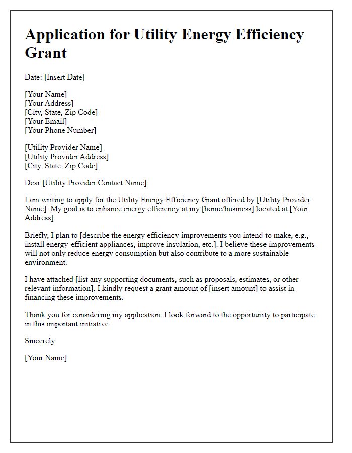 Letter template of application for utility energy efficiency grant.