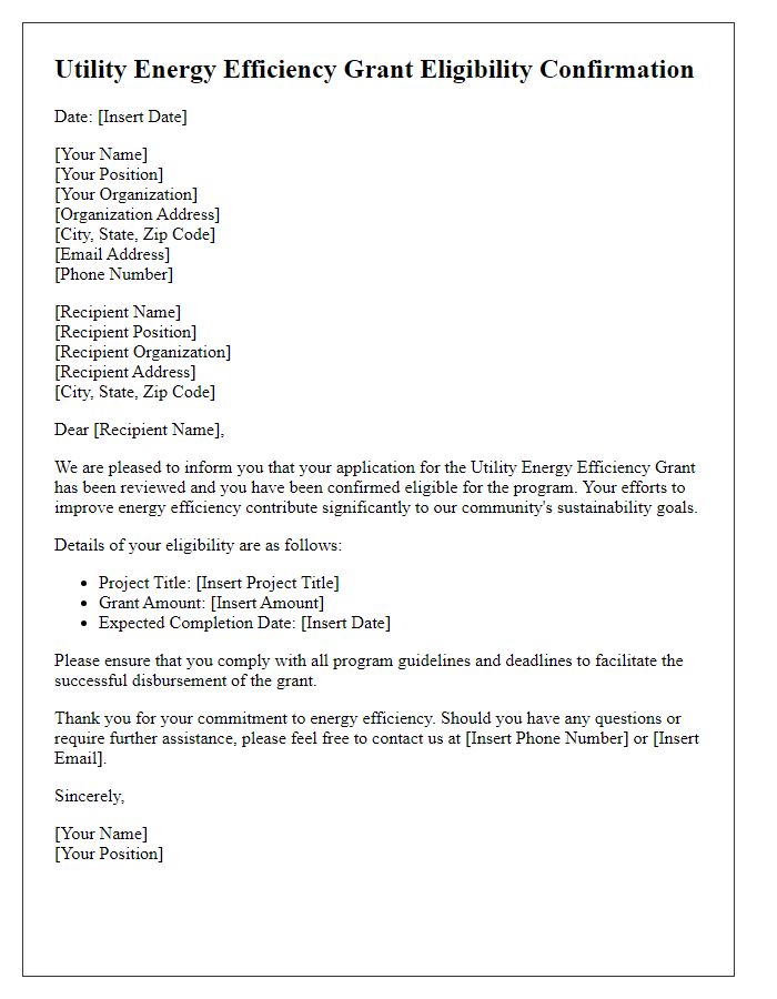 Letter template of confirmation for utility energy efficiency grant eligibility.