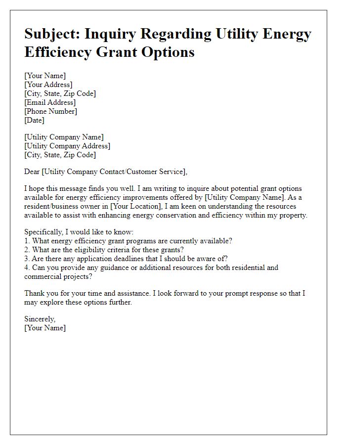 Letter template of inquiry regarding utility energy efficiency grant options.