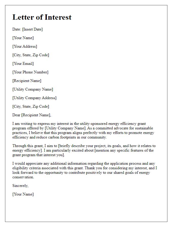 Letter template of interest in utility-sponsored energy efficiency grant.