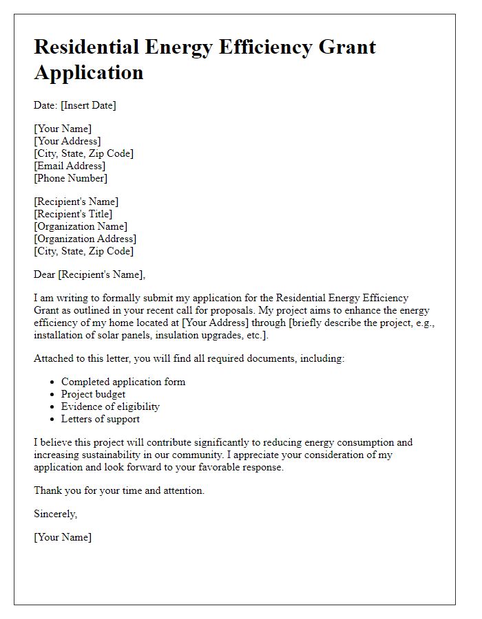 Letter template of submission for residential energy efficiency grant application.