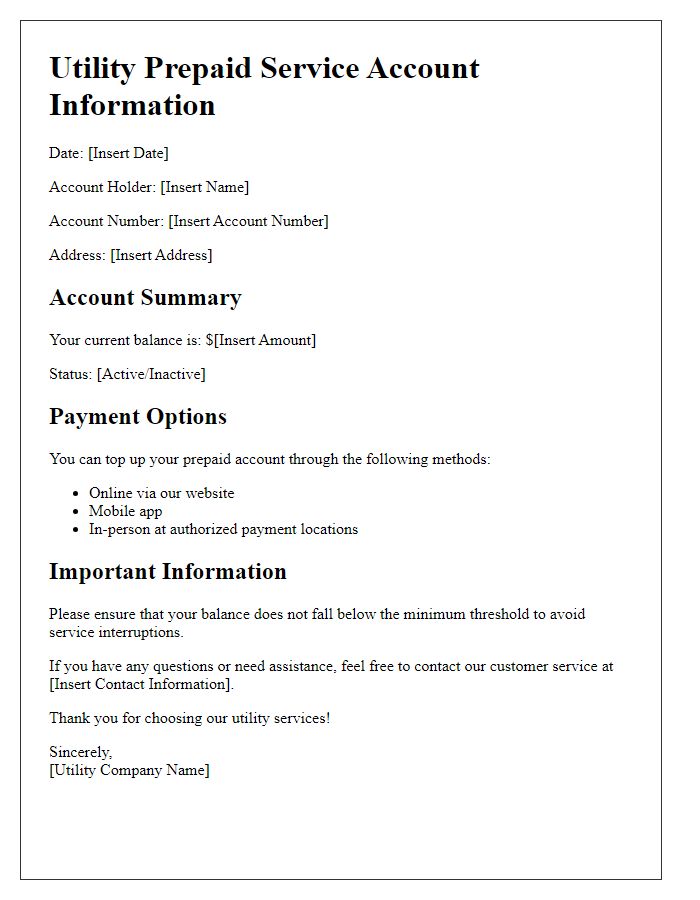 Letter template of utility prepaid service account information