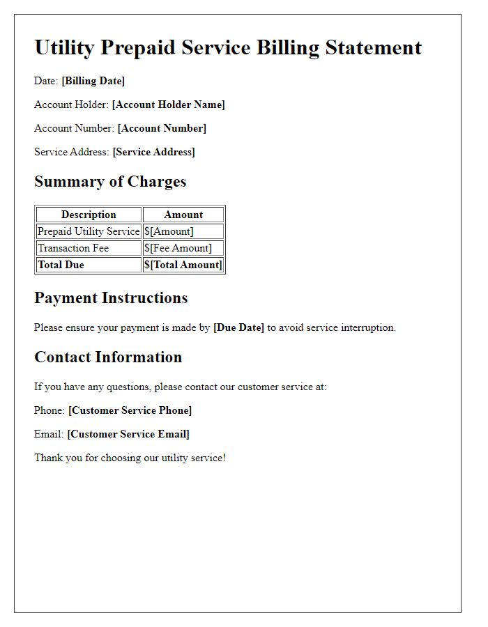 Letter template of utility prepaid service billing statement