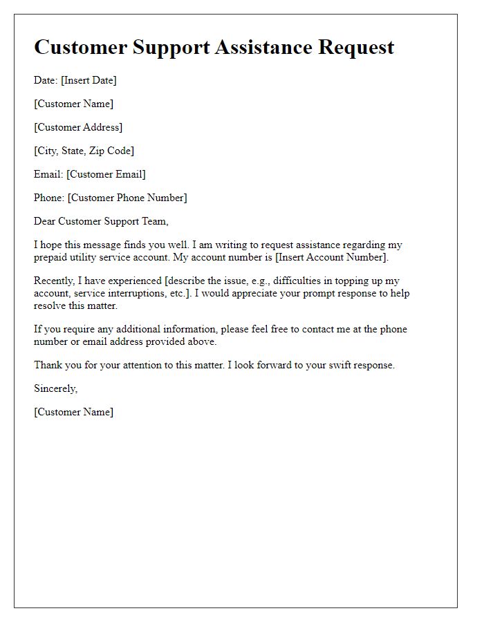 Letter template of utility prepaid service customer support assistance