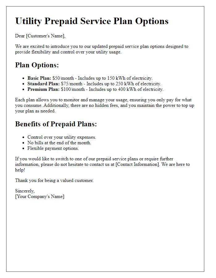 Letter template of utility prepaid service plan options