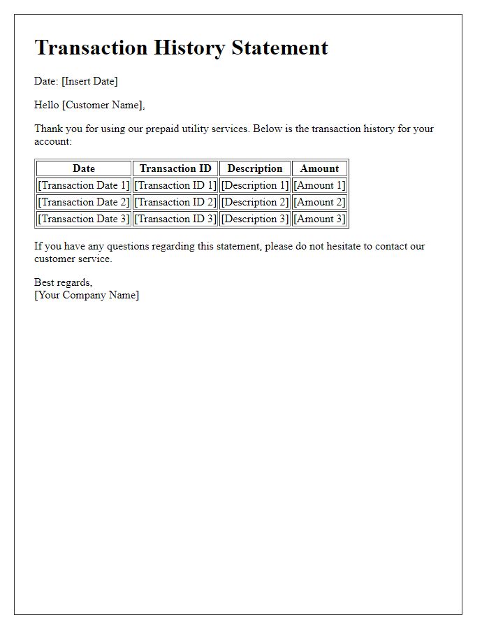 Letter template of utility prepaid service transaction history