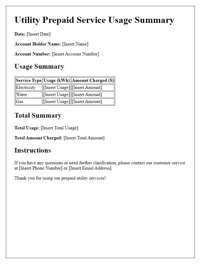 Letter template of utility prepaid service usage summary