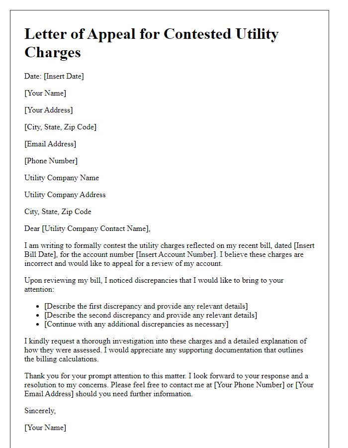 Letter template of contested utility charges appeal.