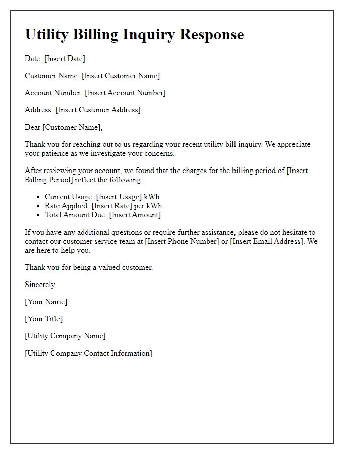 Letter template of utility billing inquiry response.