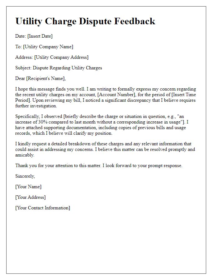 Letter template of utility charge dispute feedback.