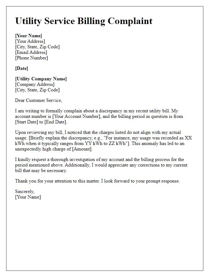 Letter template of utility service billing complaint.