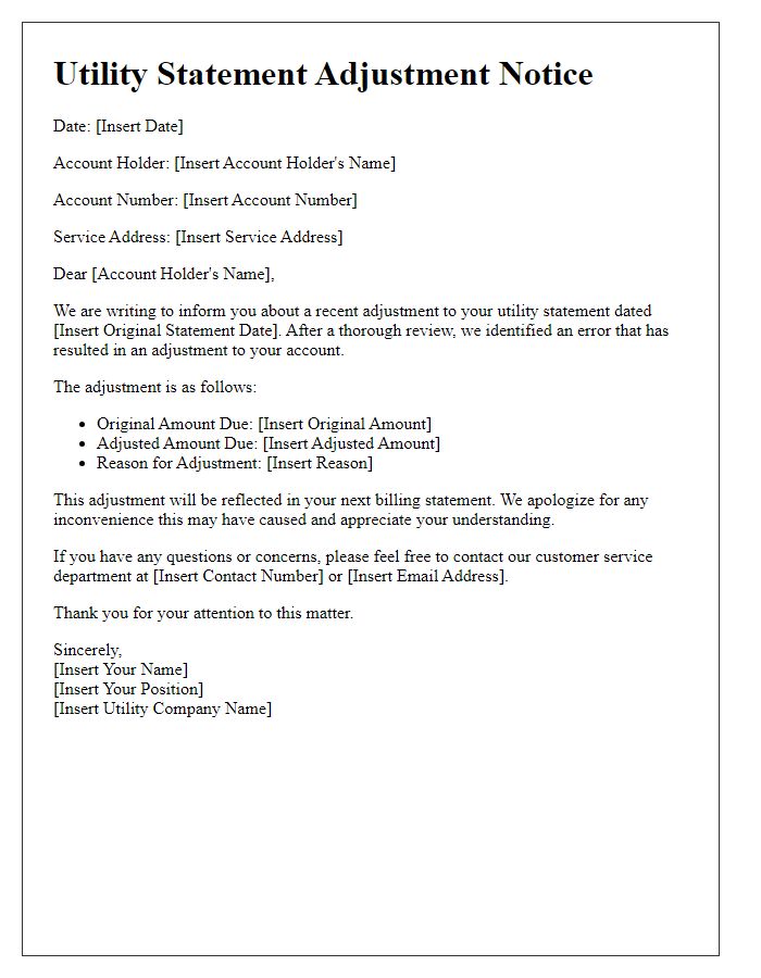 Letter template of utility statement adjustment notice.